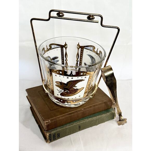 Vintage Glass Ice Bucket Gold Eagle pattern Gold holder and tongs - Picture 2 of 10